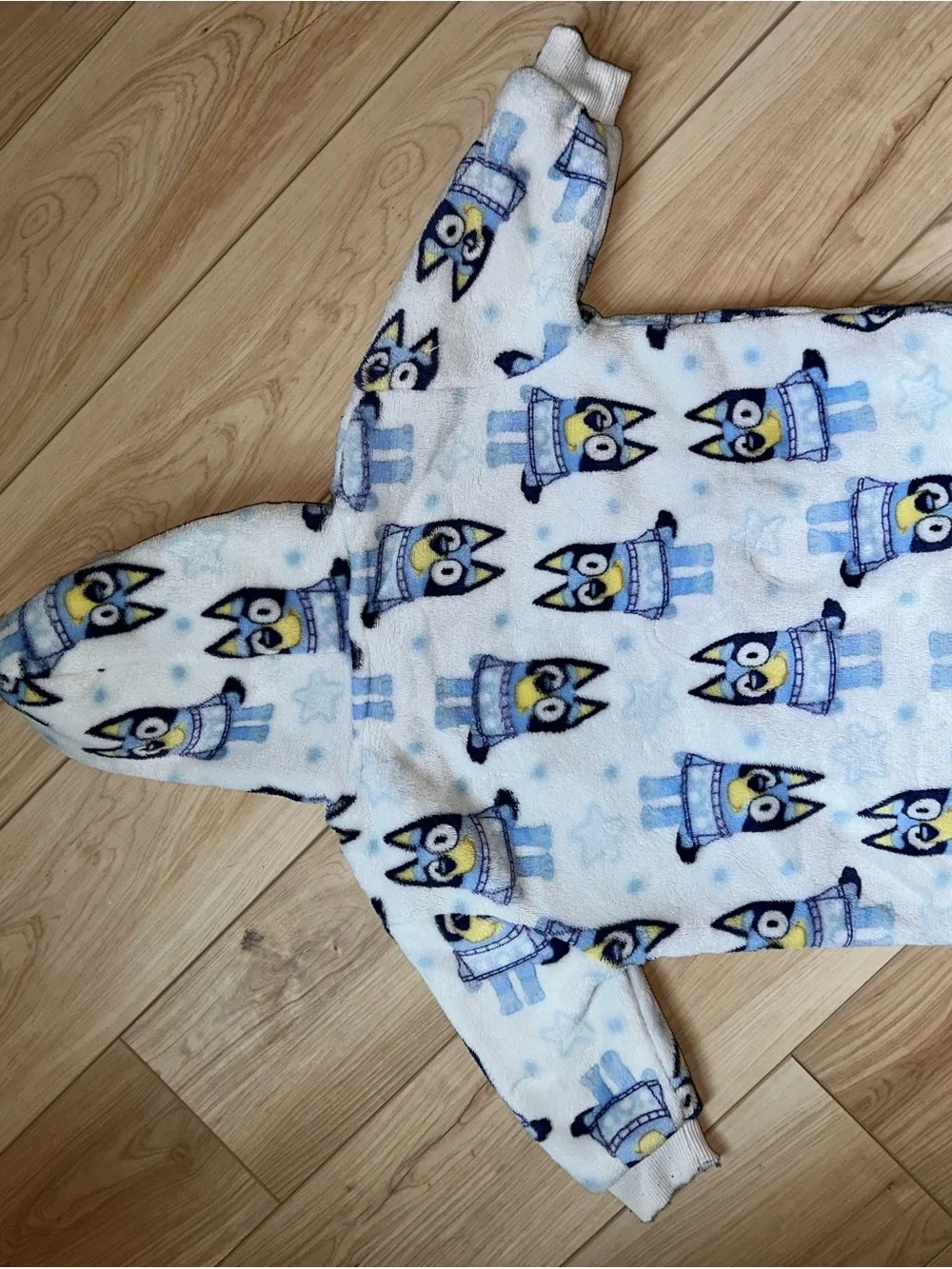 Plush Hooded Kids Puffer Pullover Jacket in Light Blue Character Print